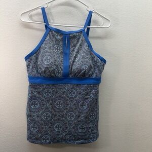 Land's End Keyhole High Neck Modest Tankini Top Blue Boho Print Swimsuit Size 6